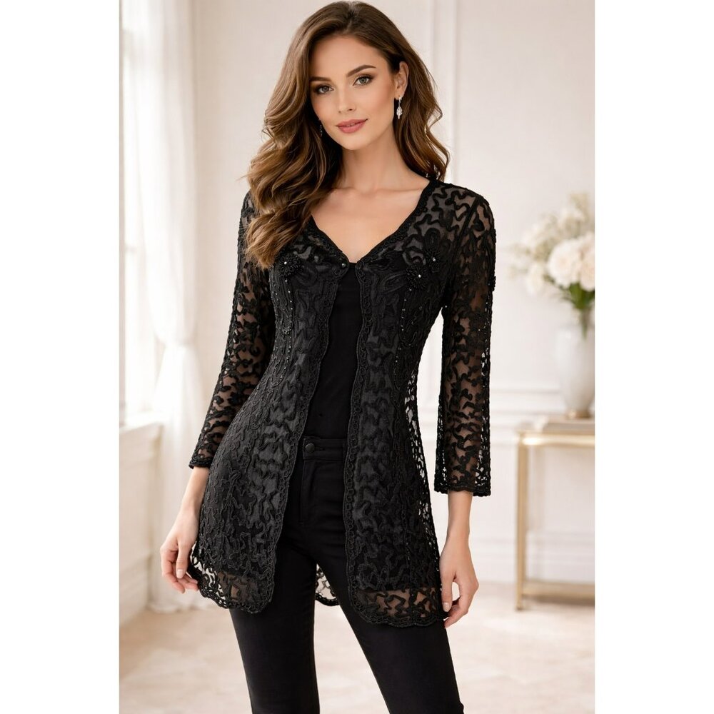 Vintage Felicity Black Lace Cardigan | Sheer Beaded Embroidered Open Front | Siz